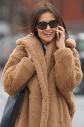 Katie Holmes in a Faux Fur Coat and Checked Trousers - Out in NYC 12/06/2019