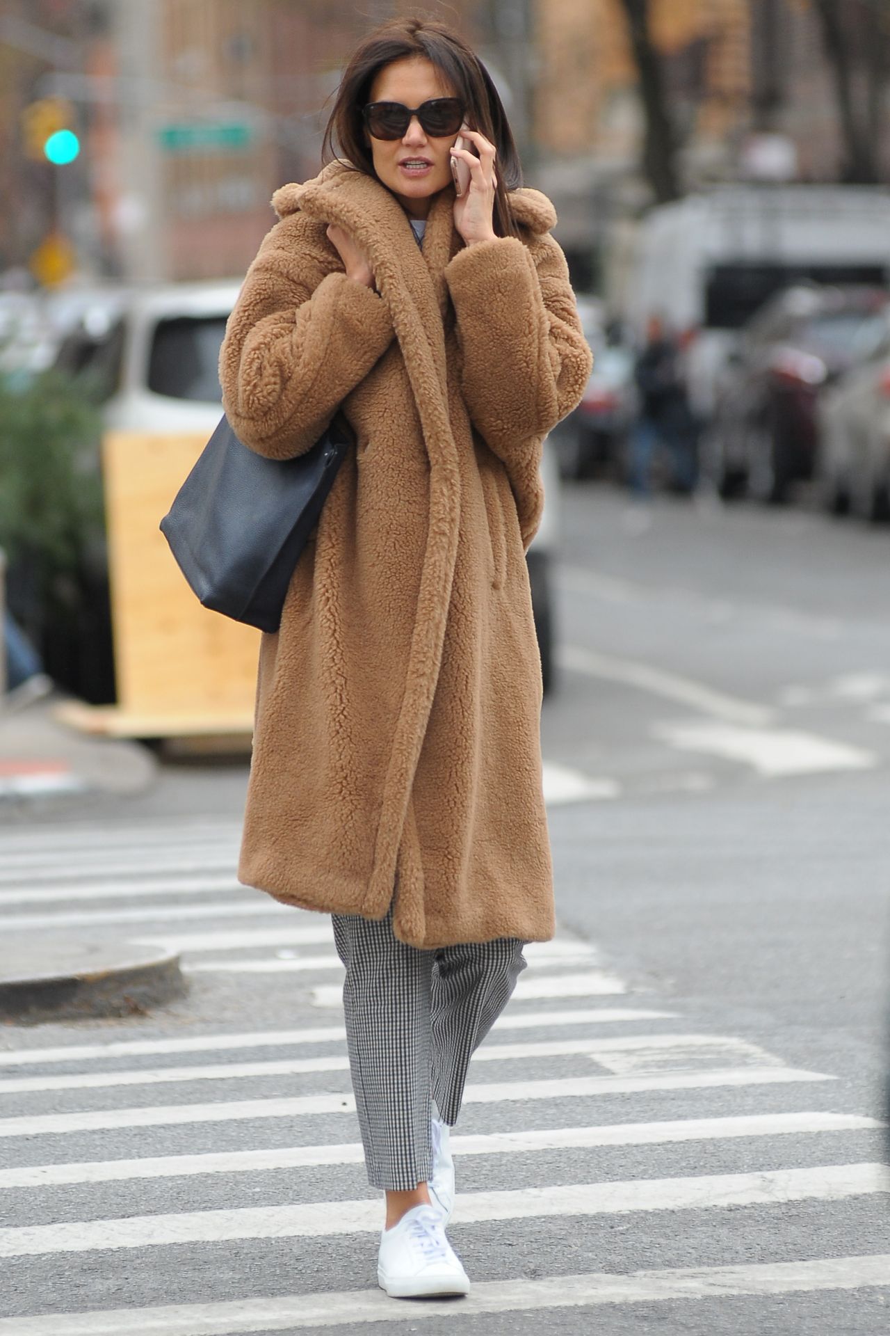 Katie Holmes in a Faux Fur Coat and Checked Trousers - Out in NYC 12/06 ...