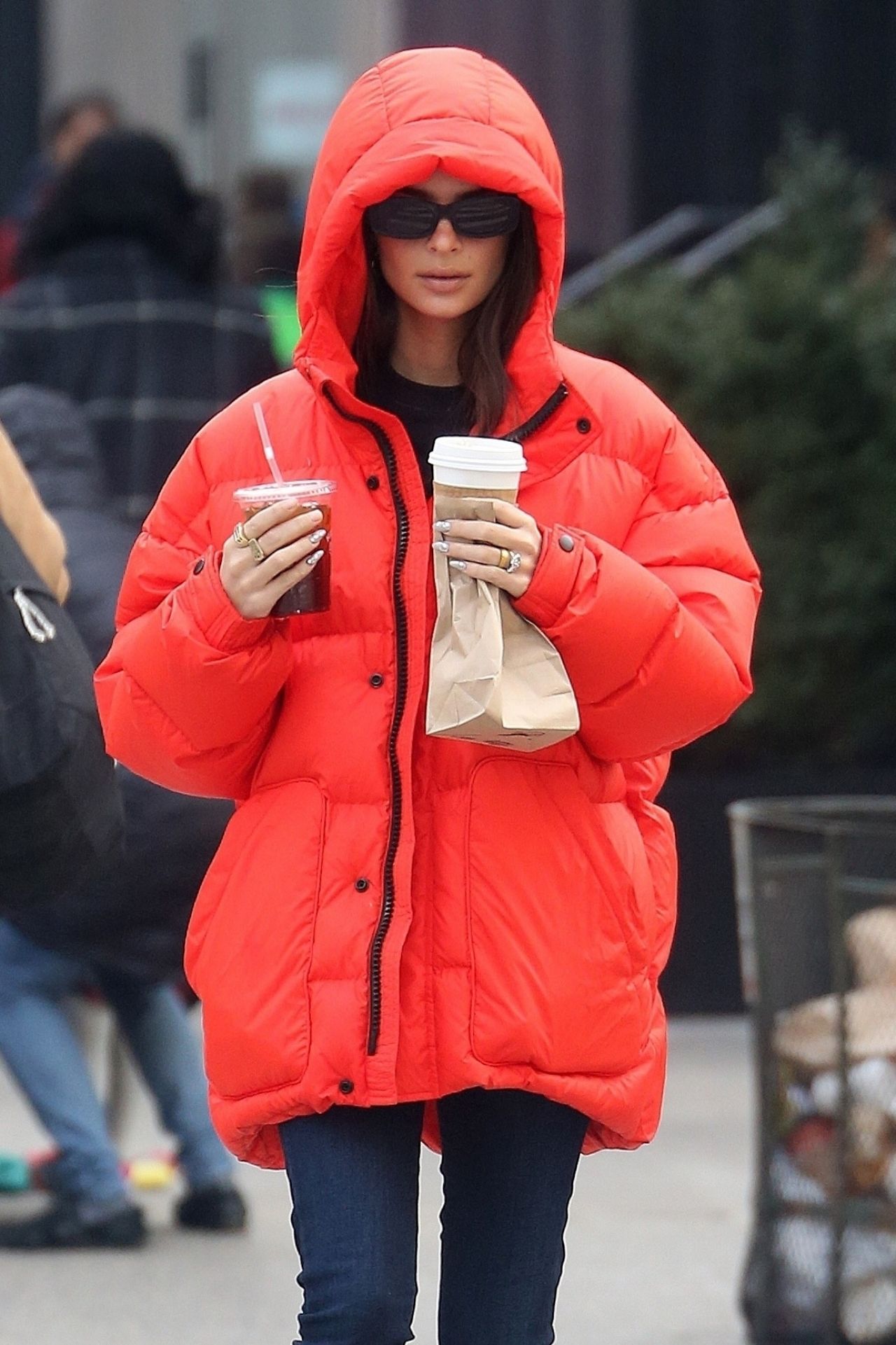 Emily Ratajkowski in Bright Red Puffer Coat 01/23/2020 • CelebMafia