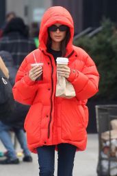 Emily Ratajkowski in Bright Red Puffer Coat 01/23/2020