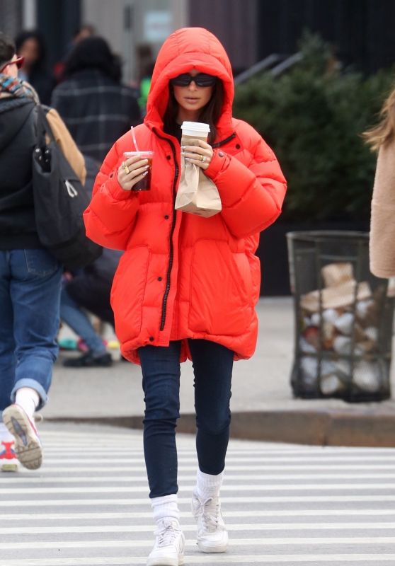 Emily Ratajkowski in Bright Red Puffer Coat 01/23/2020