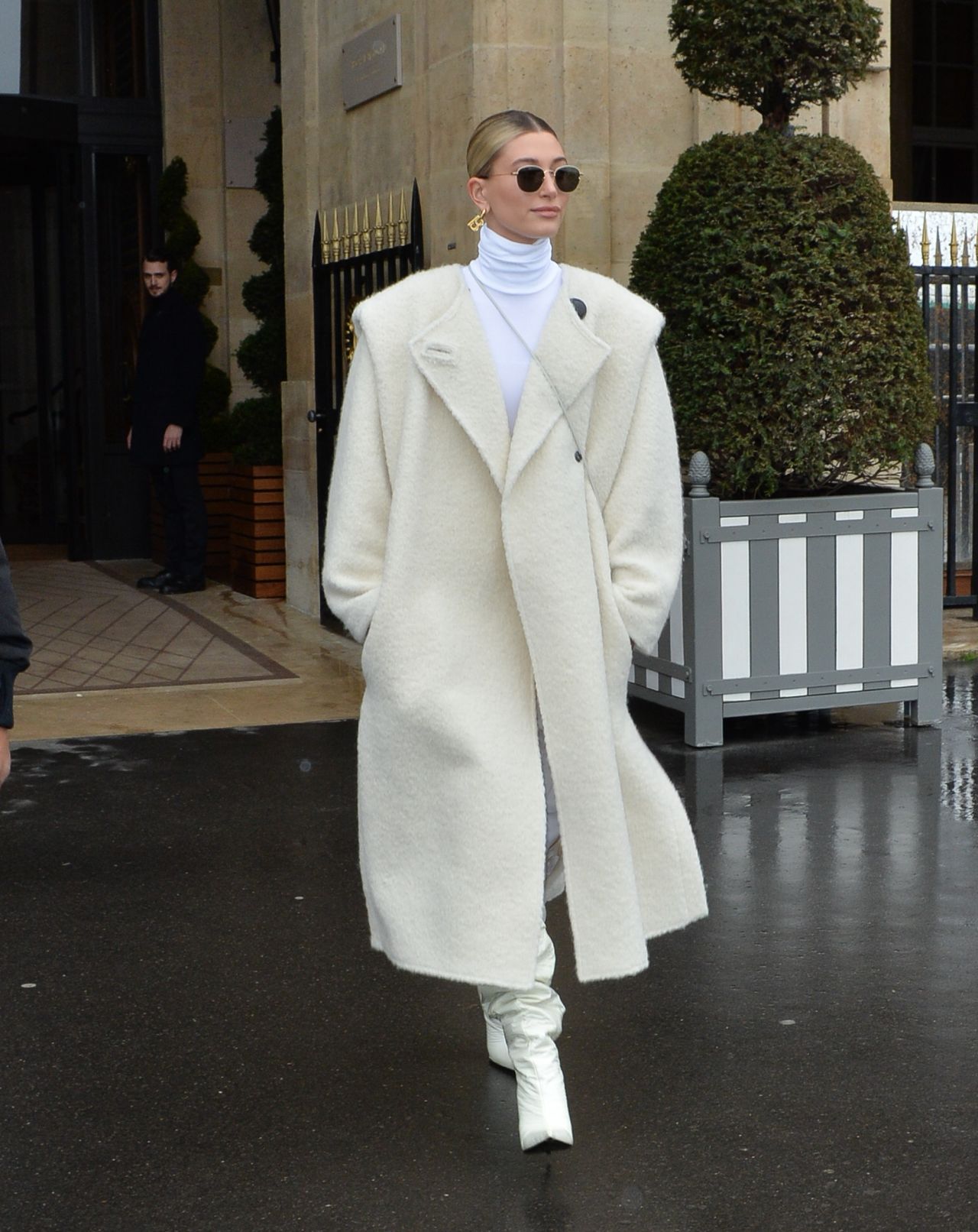 Hailey Rhode Bieber in a White Turtle-Neck Top and Matching Trousers 02 ...