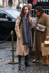 Lily Collins in a Tan Coat and Scarf - Paris 02/25/2020