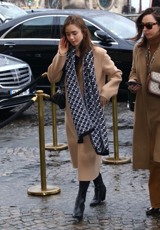 Lily Collins in a Tan Coat and Scarf - Paris 02/25/2020
