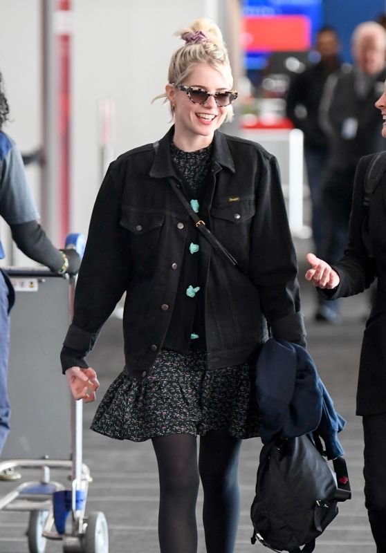 Lucy Boynton in a Black Denim Jacket and Floral Mini-Dress 02/16/2020