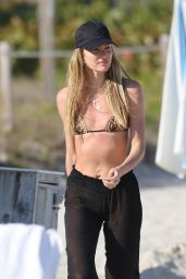 Candice Swanepoel in Leopard Print Bikini - Beach in Miami 03/01/2020