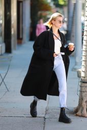 Hailey Rhode Bieber in White Tank, Jeans and Covered Up in a Long Black Coat - LA 03/02/2020