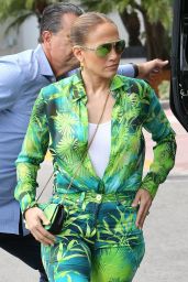 Jennifer Lopez in Palm Print Bodysuit and Pants - SoHo Beach House in Miami Beach 03/01/2020