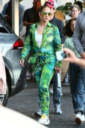 Jennifer Lopez in Palm Print Bodysuit and Pants - SoHo Beach House in Miami Beach 03/01/2020