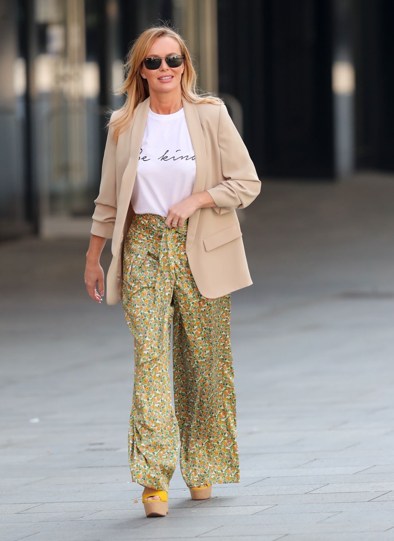 Amanda Holden in Zara Print Trousers and SilkFred Slogan T-Shirt ...