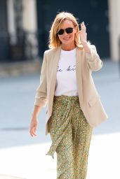 Amanda Holden wears Zara print trousers and SilkFred slogan top as