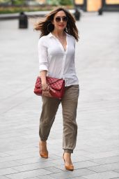 Myleene Klass in a Chic White Shirt and Red Chanel Handbag - London 04/29/2020