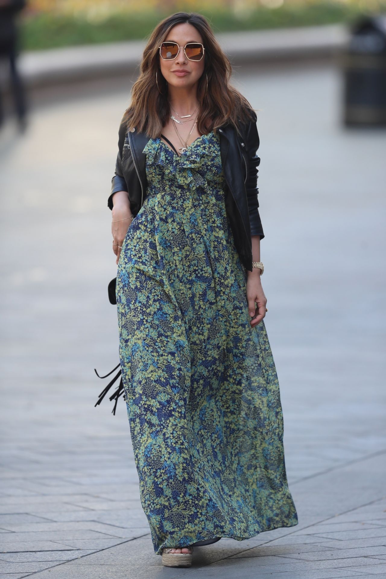 Myleene Klass in Floral Maxi Dress and Black Leather