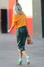 Ashley Roberts in Green Leather Pencil Skirt and Orange Sweater - London 05/12/2020