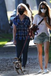 Lily Collins in Lightwash Denim Jean Shorts and White T-Shirt