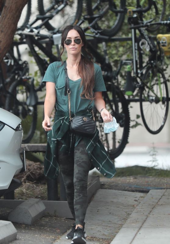 Megan Fox in a Green T-Shirt and Clinging Camouflage Leggings 05/29/2020