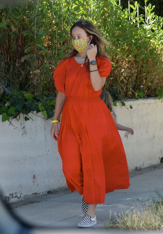 Olivia Wilde in Coral Puff-Sleeved Midi-Dress - LA 05/18/2020