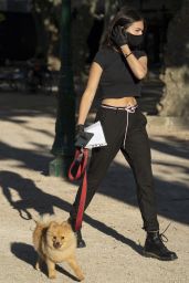 Thylane Blondeau in a Black Cropped Tee, Matching Joggers and Biker Boots