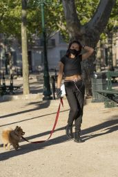 Thylane Blondeau in a Black Cropped Tee, Matching Joggers and Biker Boots