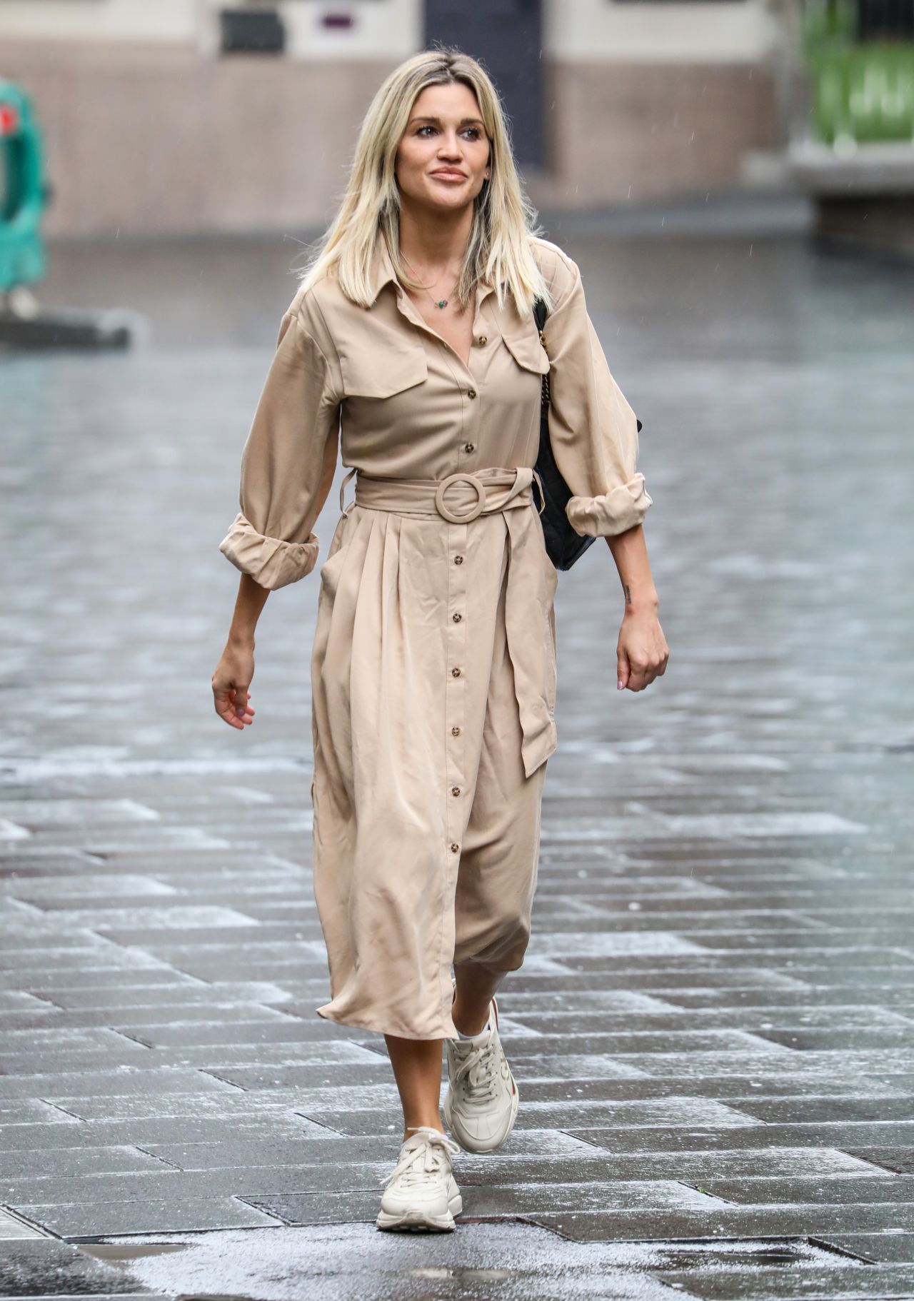 Ashley Roberts in Cream Belted Shirt Dress and Trainers 06/18/2020 ...