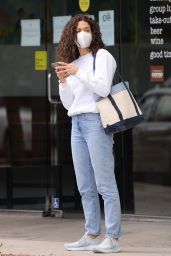 Emmy Rossum in Light Blue Jeans and a White Sweatshirt 06/06/2020