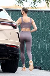 Hailey Bieber in a Mauve Sports Bra and Matching Leggings - Out in LA 06/20/2020