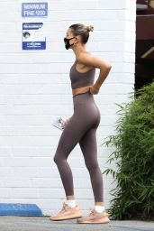 Hailey Bieber in a Mauve Sports Bra and Matching Leggings - Out in LA 06/20/2020