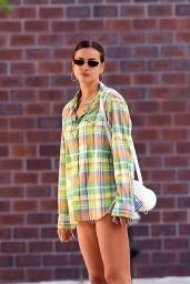Irina Shayk in Oversize Pastel Plaid Shirt and cut-off jeans - NYC 06/05/2020