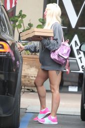 Lady Gaga in Oversized Grey Crew Neck Jumper and a Pair of Tiny Red and White Shorts 06/27/2020