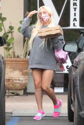 Lady Gaga in Oversized Grey Crew Neck Jumper and a Pair of Tiny Red and White Shorts 06/27/2020