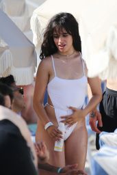 Camila Cabello in a White Swimsuit on the Beach in Miami 07/29/2020