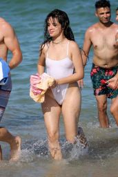 Camila Cabello in a White Swimsuit on the Beach in Miami 07/29/2020