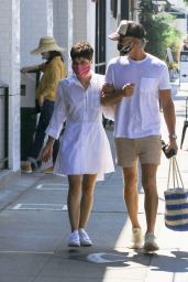 Selma Blair in White Shirt-Dress and Pink Face Mask 07/05/2020