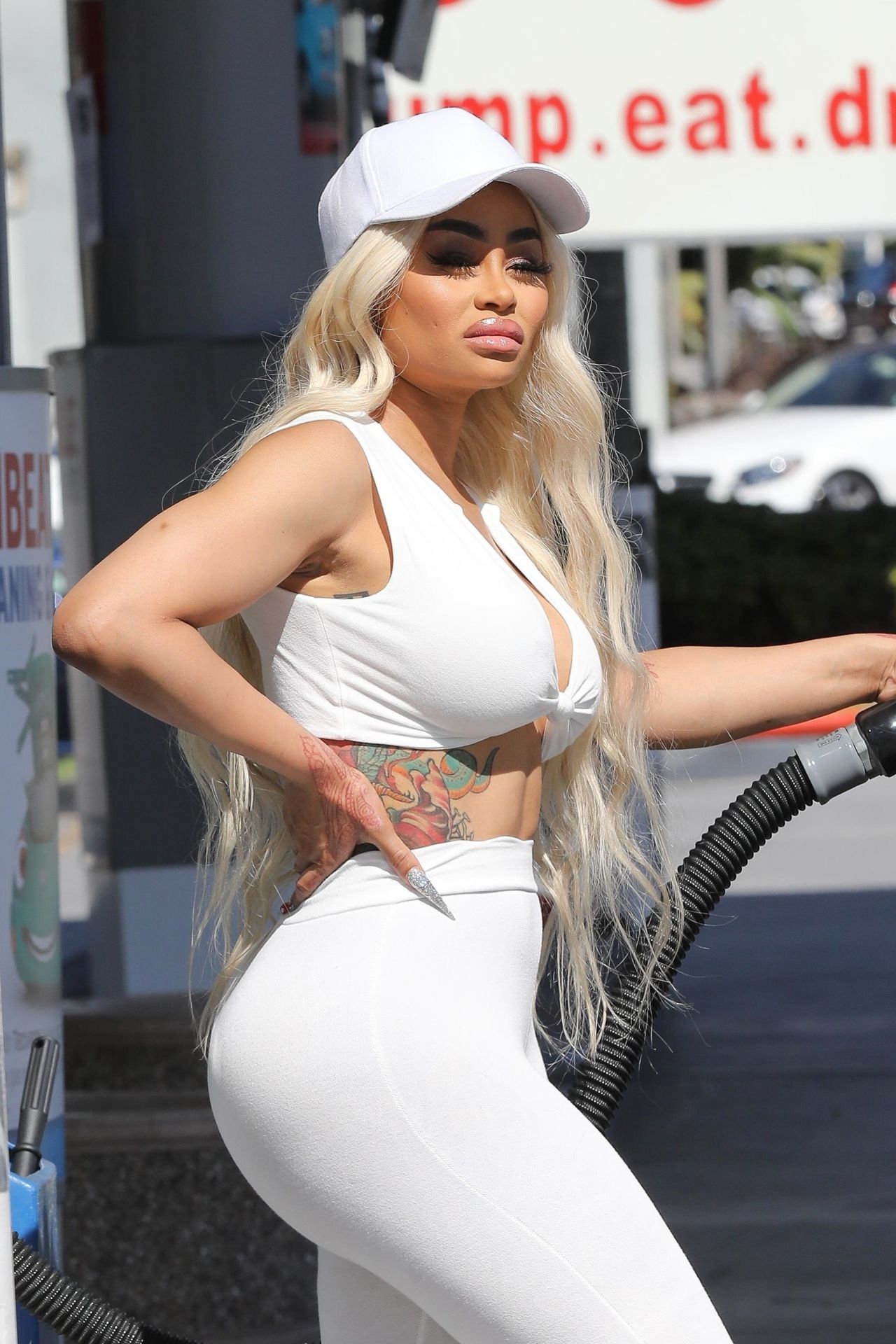Blac Chyna in an All-White Outfit - Pumping Gas in Calabasas 08/09/2020 