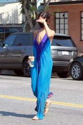 Eiza Gonzalez in Flowing Tie-Dye Blue Jumpsuit at Alfred in LA 08/19/2020