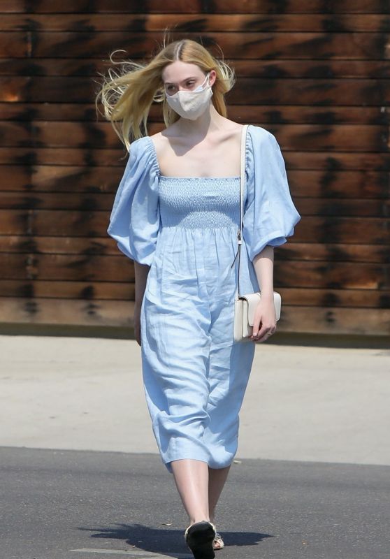 Elle Fanning in a Puff-Sleeved Midi Dress- LA 08/20/2020