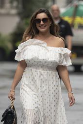 Kelly Brook in Dotted Off-the-Shoulder Summer Dress at Heart Radio in London 08/26/2020