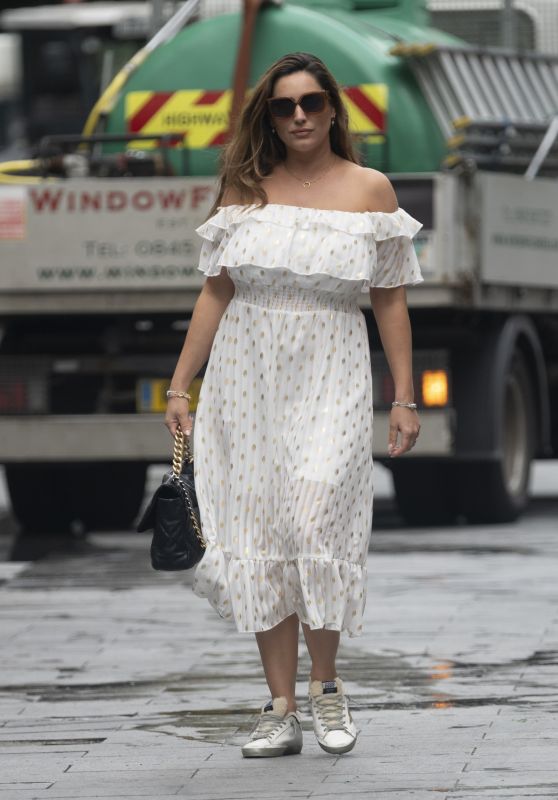 Kelly Brook in Dotted Off-the-Shoulder Summer Dress at Heart Radio in London 08/26/2020