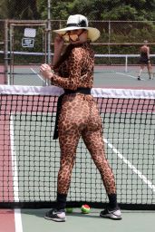 Phoebe Price in an Animal Print - Exercising at the Tennis Court in LA 08/06/2020