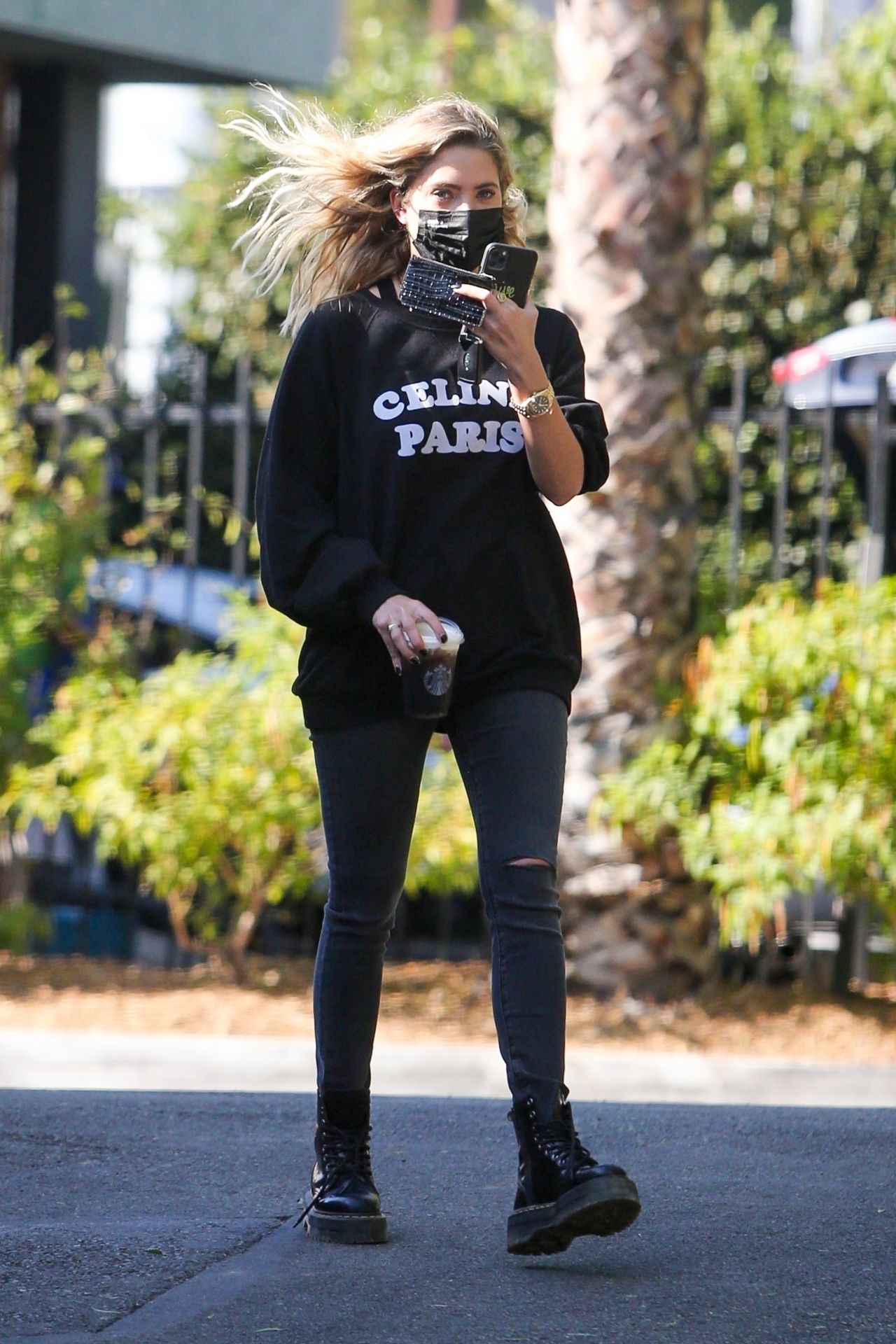 Ashley Benson sports black 'Celine' sweatshirt and leggings while making a  coffee run with boyfriend G