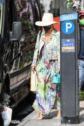 Jennifer Lopez in a Print Motorcycle Jacket and Floral Maxi Dress - NYC 09/14/2020