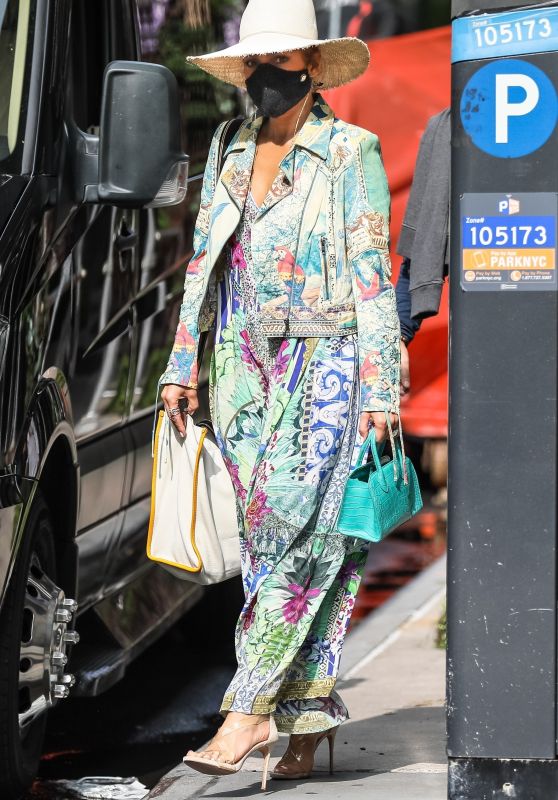 Jennifer Lopez in a Print Motorcycle Jacket and Floral Maxi Dress - NYC 09/14/2020