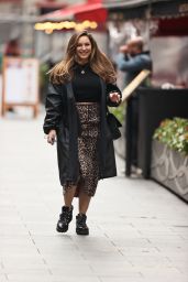 Kelly Brook in a Print Dress and Coat at Heart Radio Show in London 09/29/2020