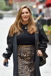 Kelly Brook in a Print Dress and Coat at Heart Radio Show in London 09/29/2020