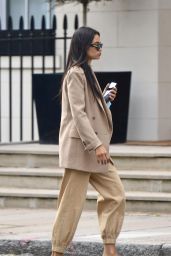 Shanina Shaik Looking Stylish in a Beige Trousers and Jacket - London 09/15/2020