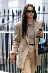 Shanina Shaik Looking Stylish in a Beige Trousers and Jacket - London 09/15/2020