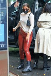 Addison Rae in Red Patent Leather Slacks and a Sweater 10/12/2020