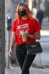 Ashley Benson in a Red Coca-Cola Branded T-shirt at Alfred