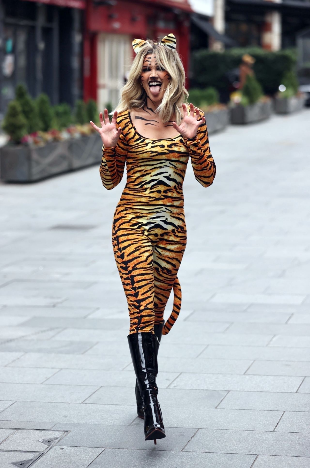 Ashley Roberts in a Tiger Print Catsuit - Celebrates Halloween in