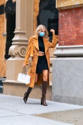 Charlotte McKinney in Two-Piece Mini Dress and Suede Trench Coat - Shopping in NYC 10/08/2020